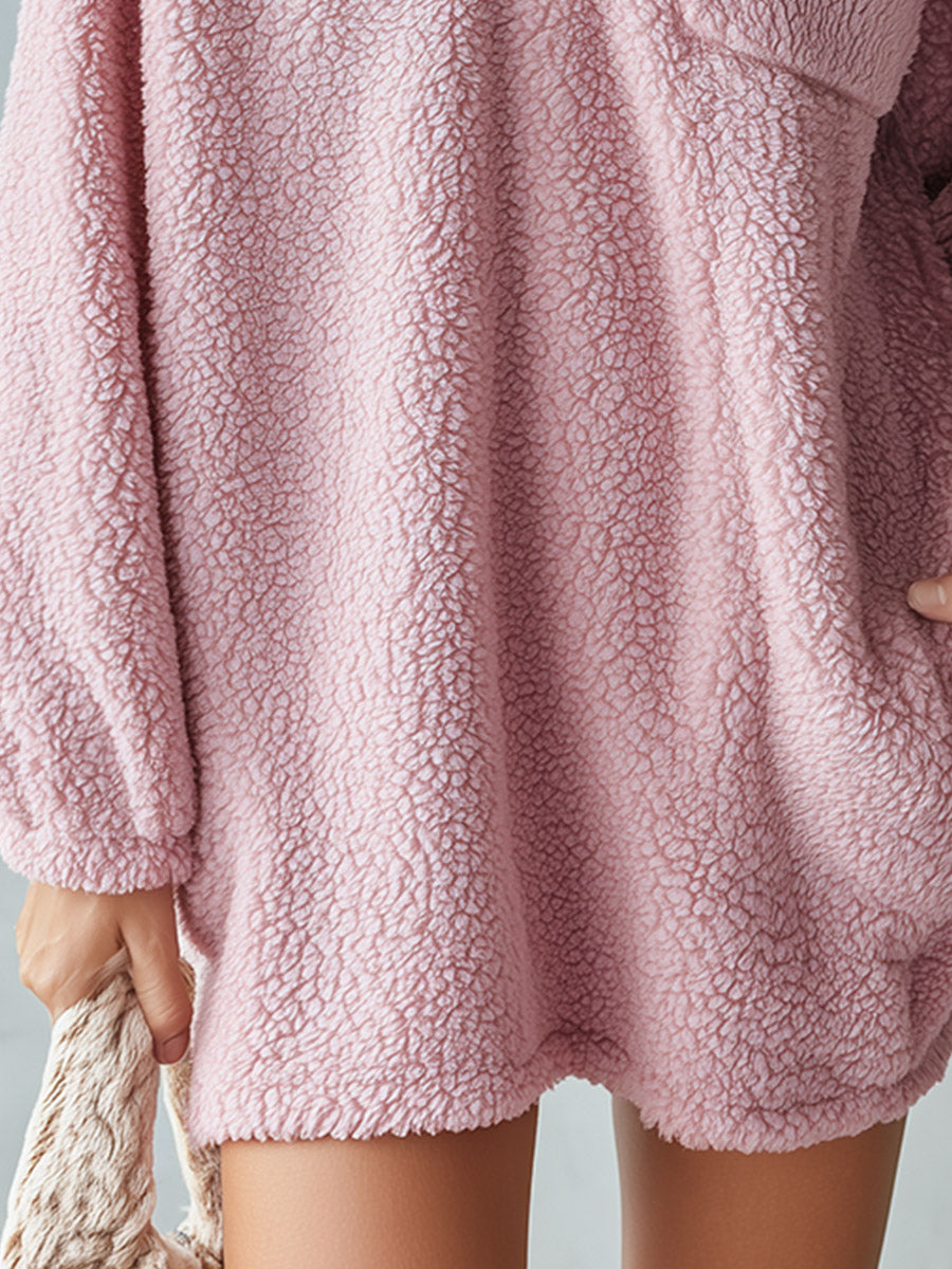 Oversized Teddy Fleece Half-Zip Hooded Mini Dress