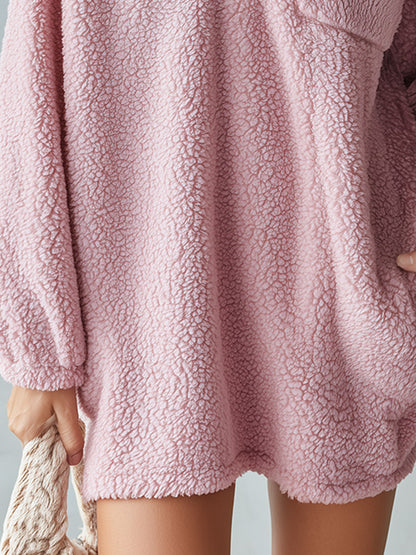 Oversized Teddy Fleece Half-Zip Hooded Mini Dress