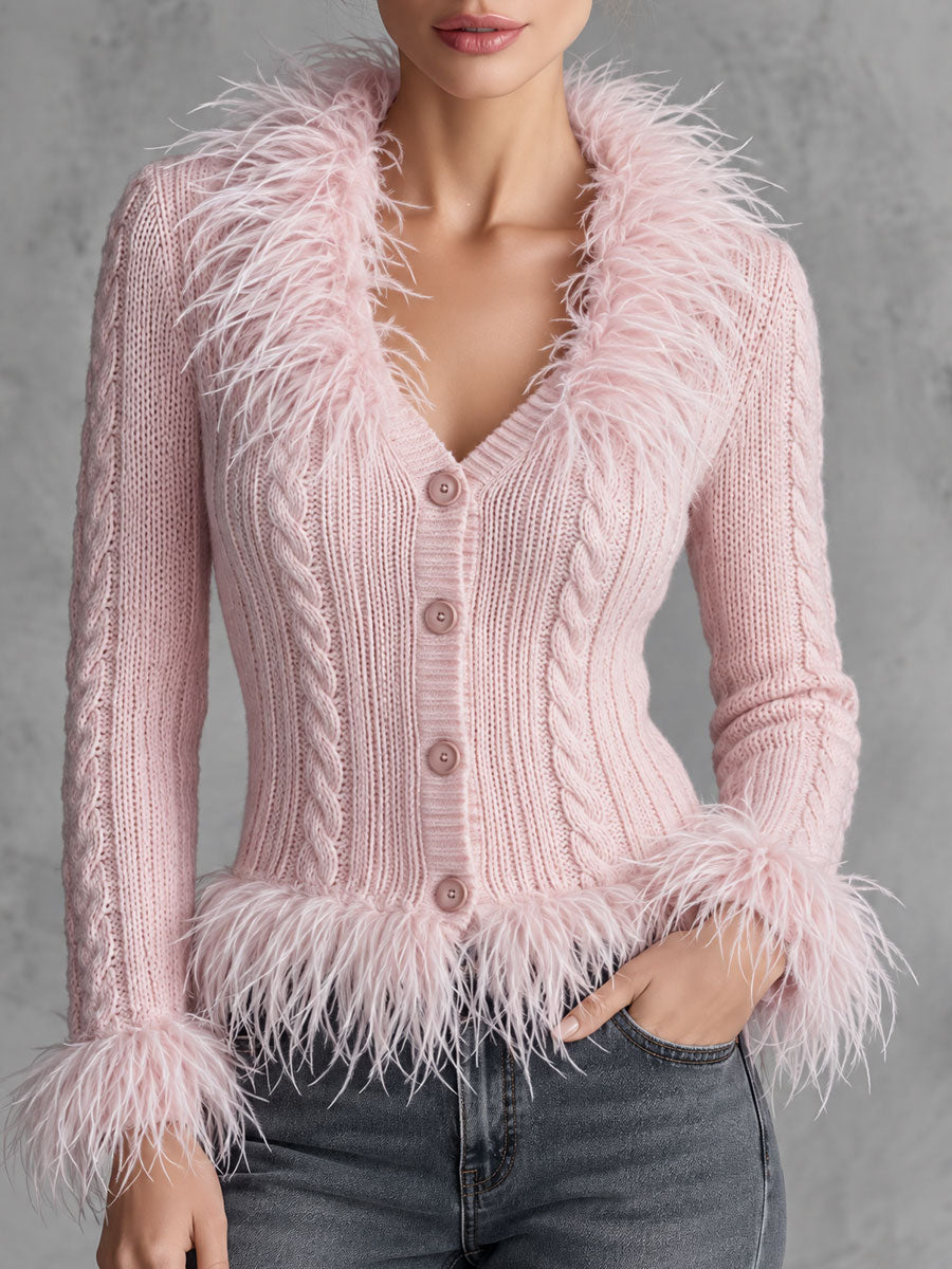 Retro Elegant Pink Feather-Trim V-Neck Cable Knit Button-Front Cardigan