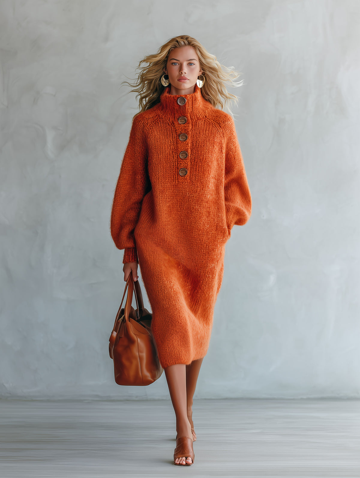Retro-chic Orange Mock-neck Half-button Mohair Knit Midi Dress