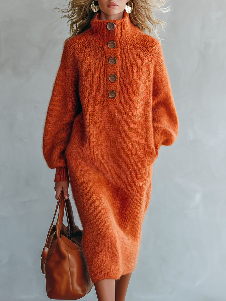 Retro-chic Orange Mock-neck Half-button Mohair Knit Midi Dress