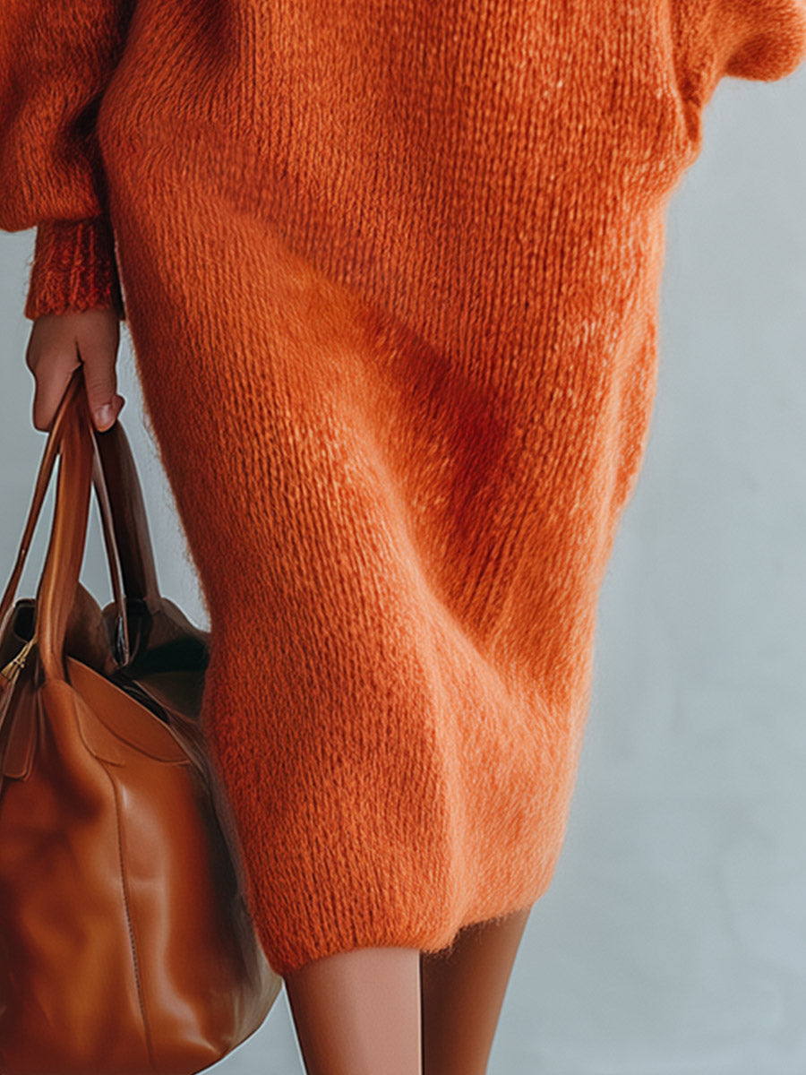 Retro-chic Orange Mock-neck Half-button Mohair Knit Midi Dress
