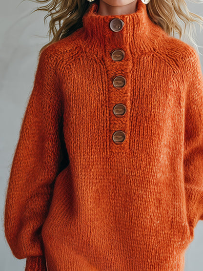 Retro-chic Orange Mock-neck Half-button Mohair Knit Midi Dress