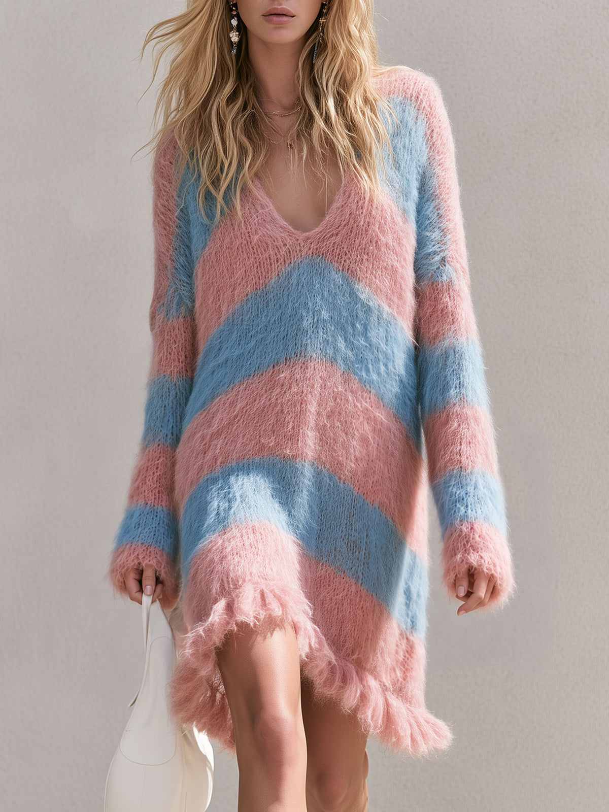 Elegant Retro Mohair Knit V-neck Pink And Blue Striped Mini Dress
