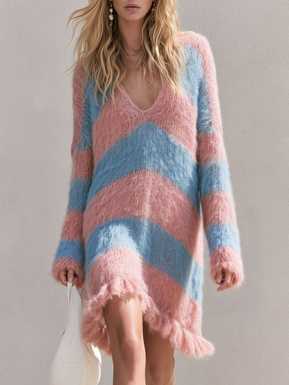 Elegant Retro Mohair Knit V-neck Pink And Blue Striped Mini Dress