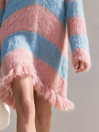Elegant Retro Mohair Knit V-neck Pink And Blue Striped Mini Dress