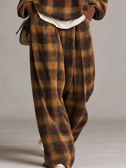 Retro Casual Brown Plaid Oversized Crewneck Sweatshirt And Wide-Leg Pants Set