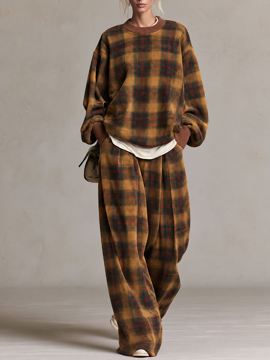 Retro Casual Brown Plaid Oversized Crewneck Sweatshirt And Wide-Leg Pants Set