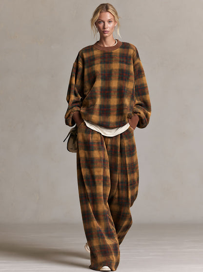Retro Casual Brown Plaid Oversized Crewneck Sweatshirt And Wide-Leg Pants Set