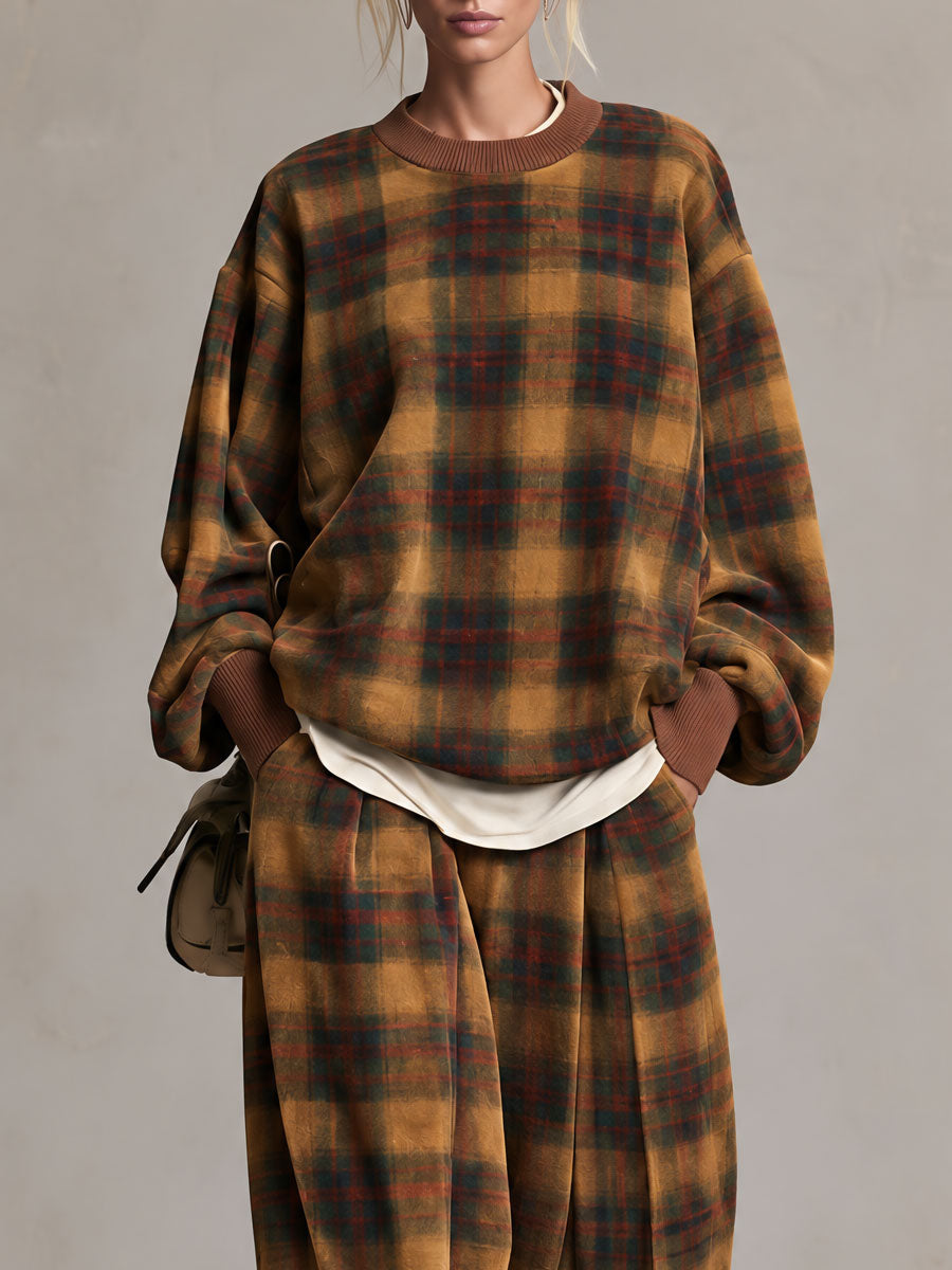 Retro Casual Brown Plaid Oversized Crewneck Sweatshirt And Wide-Leg Pants Set