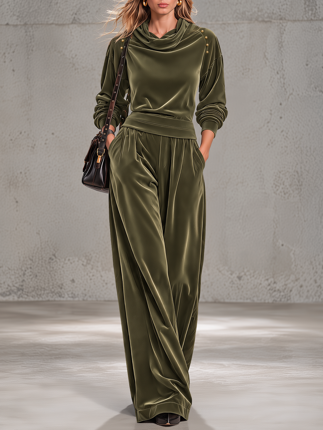 Olive Green High-neck Velvet Trouser Set With A Retro Casual And Elegant Style