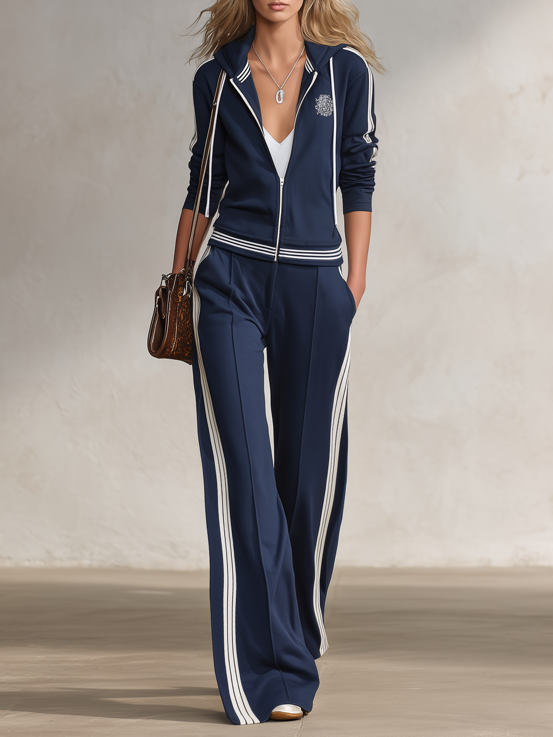Retro Casual Sportswear Set Featuring A Color-blocked Blue-and-white Design And Sweatshirt Fabric