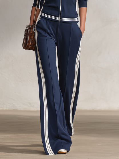 Retro Casual Sportswear Set Featuring A Color-blocked Blue-and-white Design And Sweatshirt Fabric