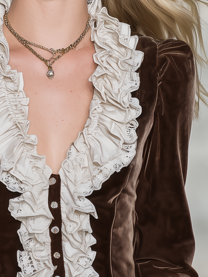 Vintage-style Casual Elegant Velvet Top With Lace And Ruffles