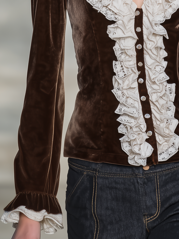 Vintage-style Casual Elegant Velvet Top With Lace And Ruffles