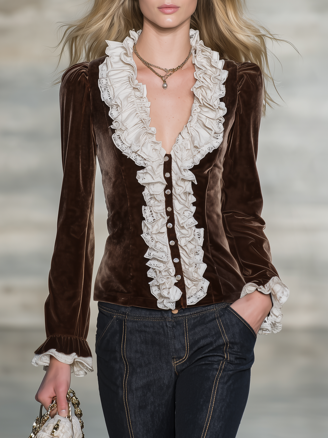 Vintage-style Casual Elegant Velvet Top With Lace And Ruffles