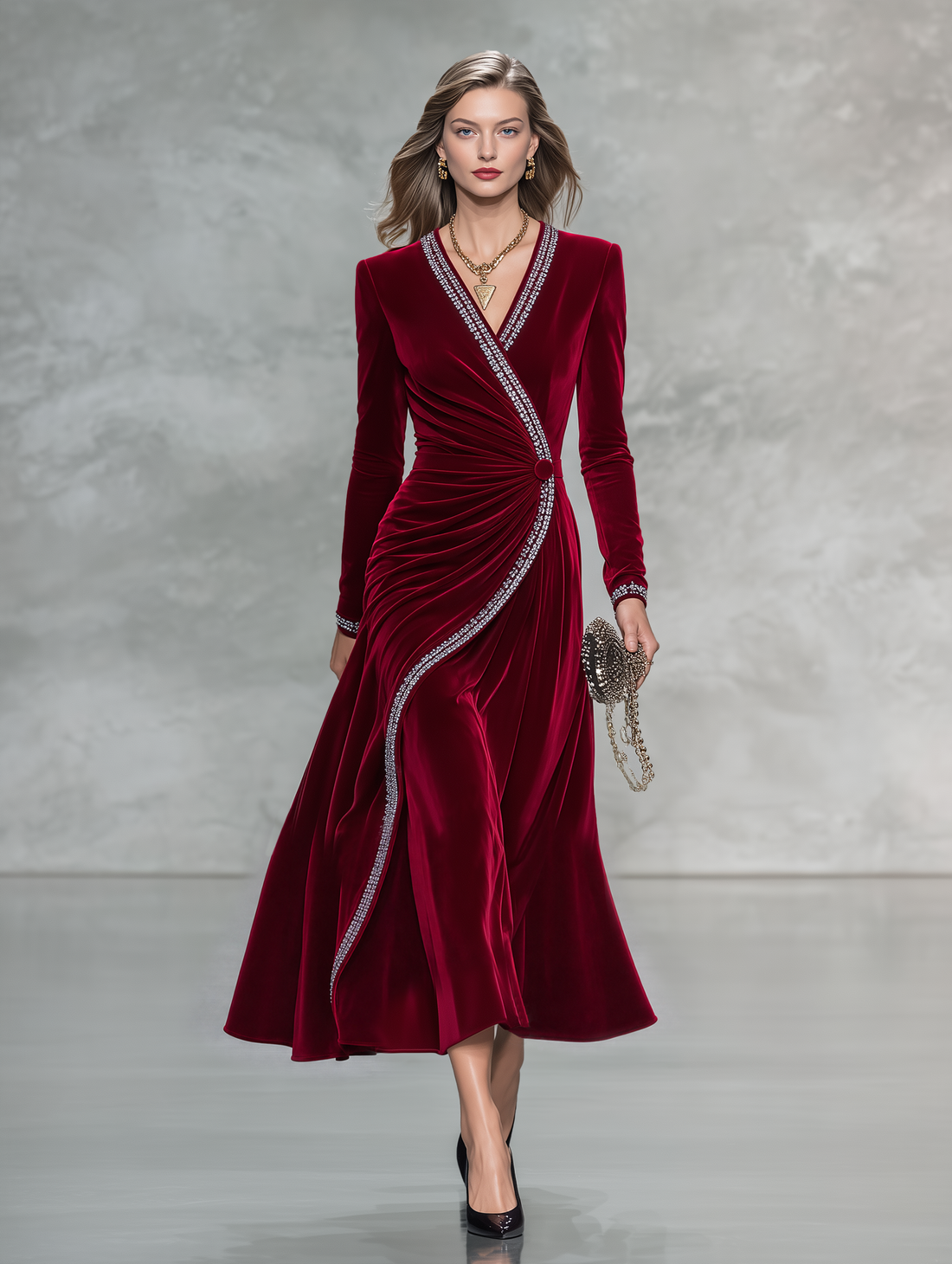 Vintage-style Elegant Red Velvet Maxi Dress With Rhinestones