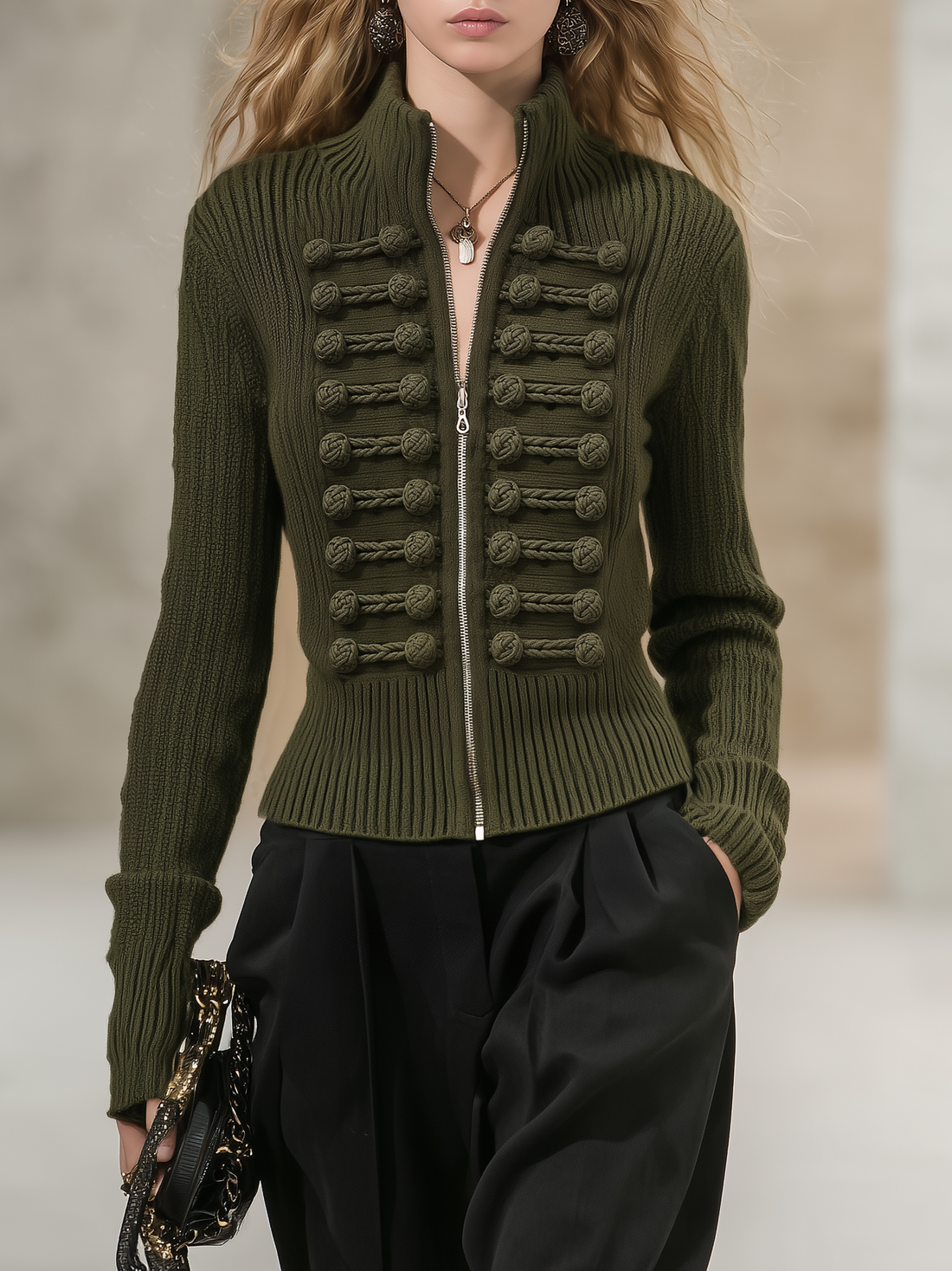 Olive Green Knit Jacket With A Retro Casual And Elegant Style