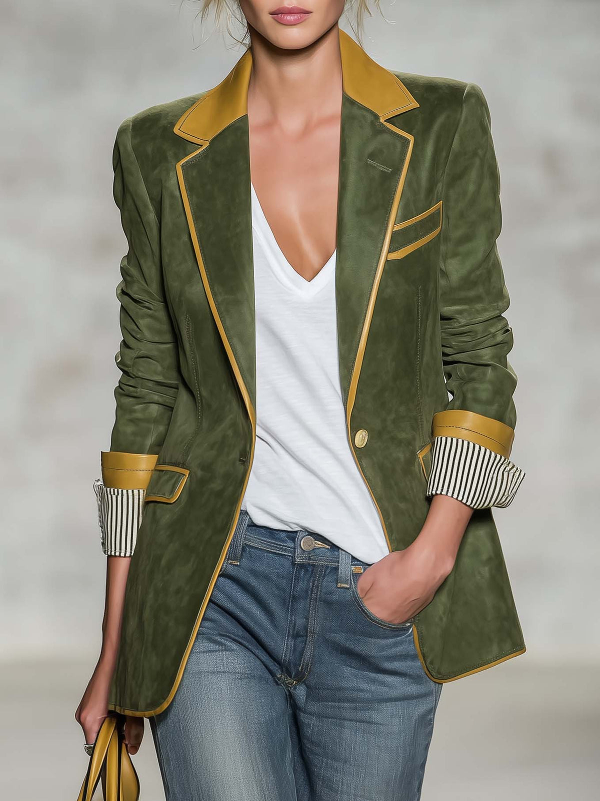 Vintage Equestrian Olive Green Suede Blazer With Contrast Trim And Striped Cuffs