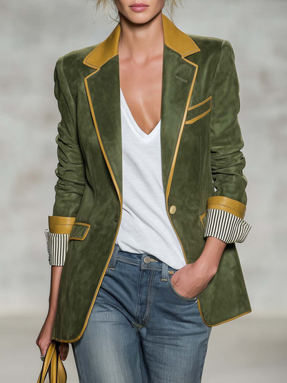 Vintage Equestrian Olive Green Suede Blazer With Contrast Trim And Striped Cuffs