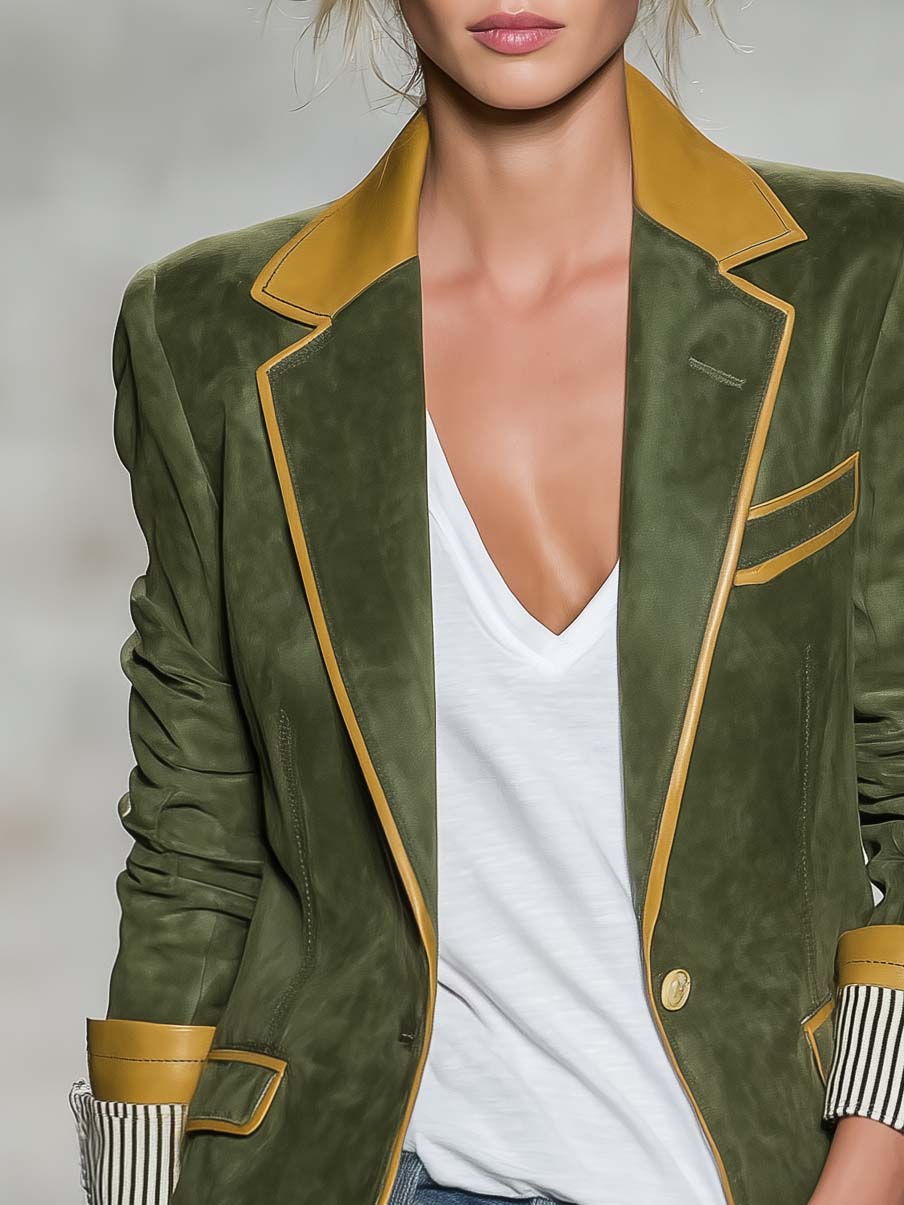 Vintage Equestrian Olive Green Suede Blazer With Contrast Trim And Striped Cuffs