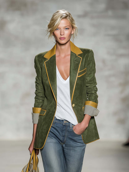 Vintage Equestrian Olive Green Suede Blazer With Contrast Trim And Striped Cuffs