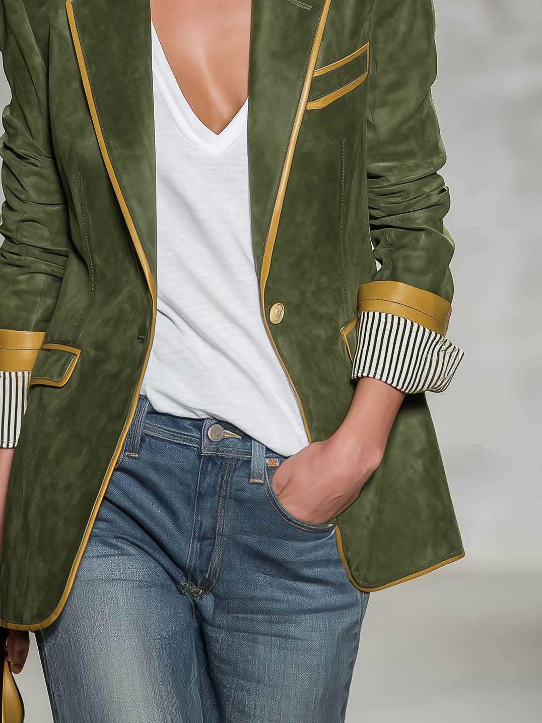 Vintage Equestrian Olive Green Suede Blazer With Contrast Trim And Striped Cuffs