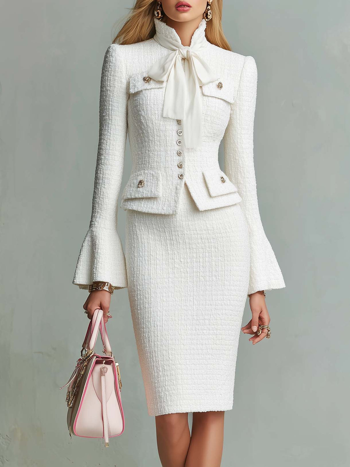 Elegant Vintage Bow Tie White Tweed Jacket And Pencil Skirt Set
