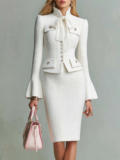 Elegant Vintage Bow Tie White Tweed Jacket And Pencil Skirt Set