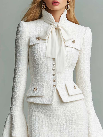 Elegant Vintage Bow Tie White Tweed Jacket And Pencil Skirt Set