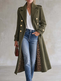 Vintage Military Women's Olive Green Wool Long Coat Leopard Lining Gold Buttons
