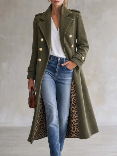 Vintage Military Women's Olive Green Wool Long Coat Leopard Lining Gold Buttons