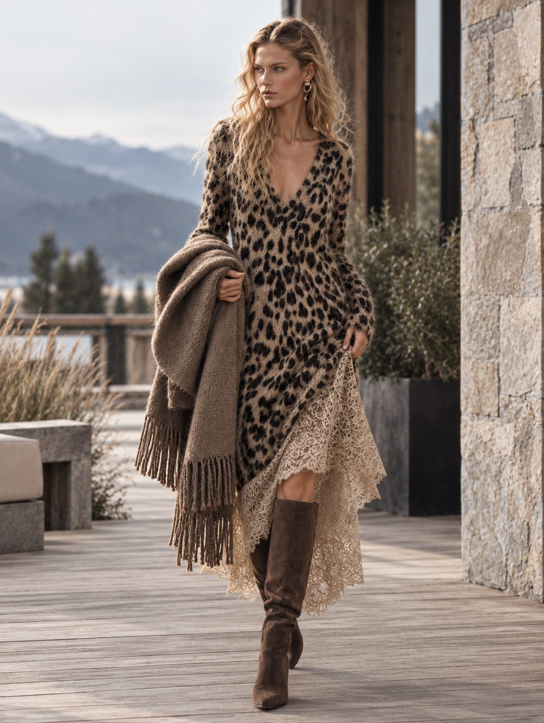 Cozy Lace Hem Long-haired Leopard Print V-neck Knit Maxi Dress