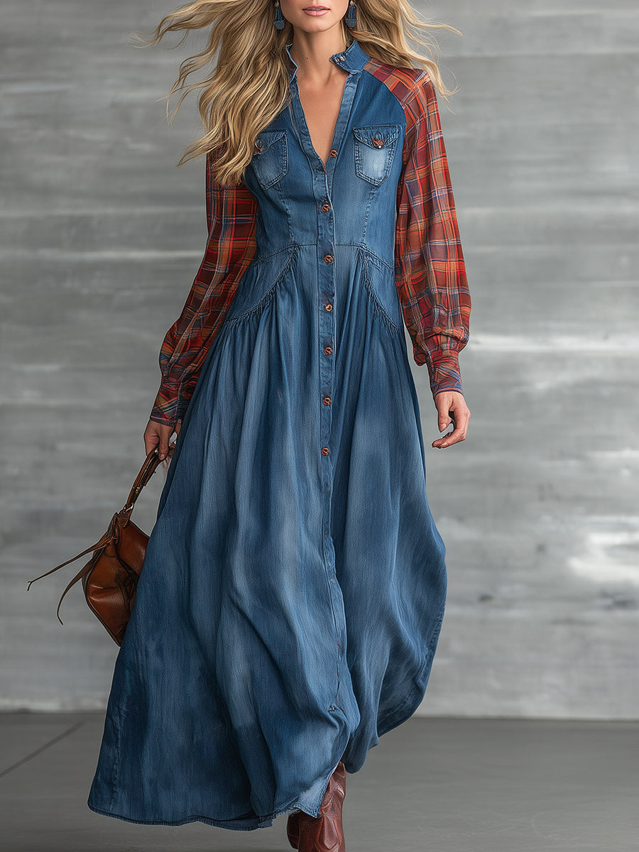 Vintage-style Plaid Raglan-sleeve Blue Denim Maxi Dress