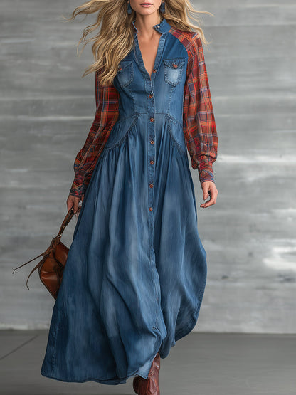 Vintage-style Plaid Raglan-sleeve Blue Denim Maxi Dress