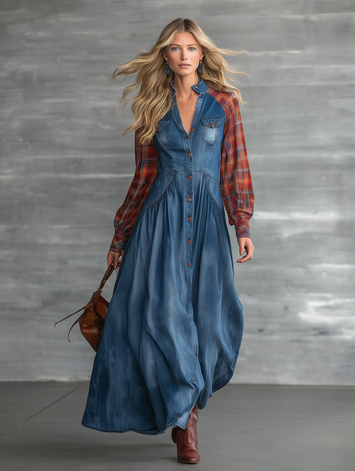 Vintage-style Plaid Raglan-sleeve Blue Denim Maxi Dress