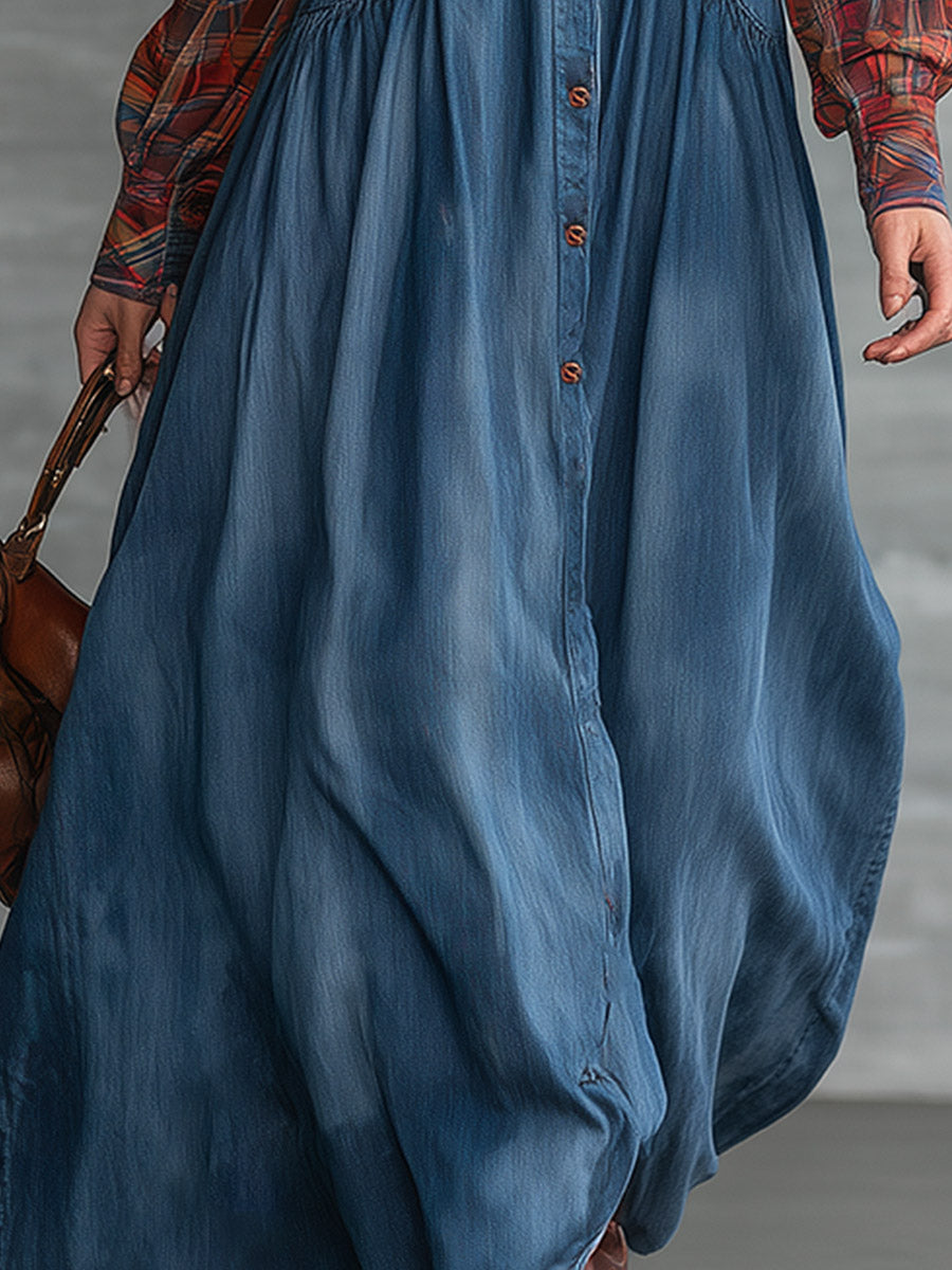 Vintage-style Plaid Raglan-sleeve Blue Denim Maxi Dress