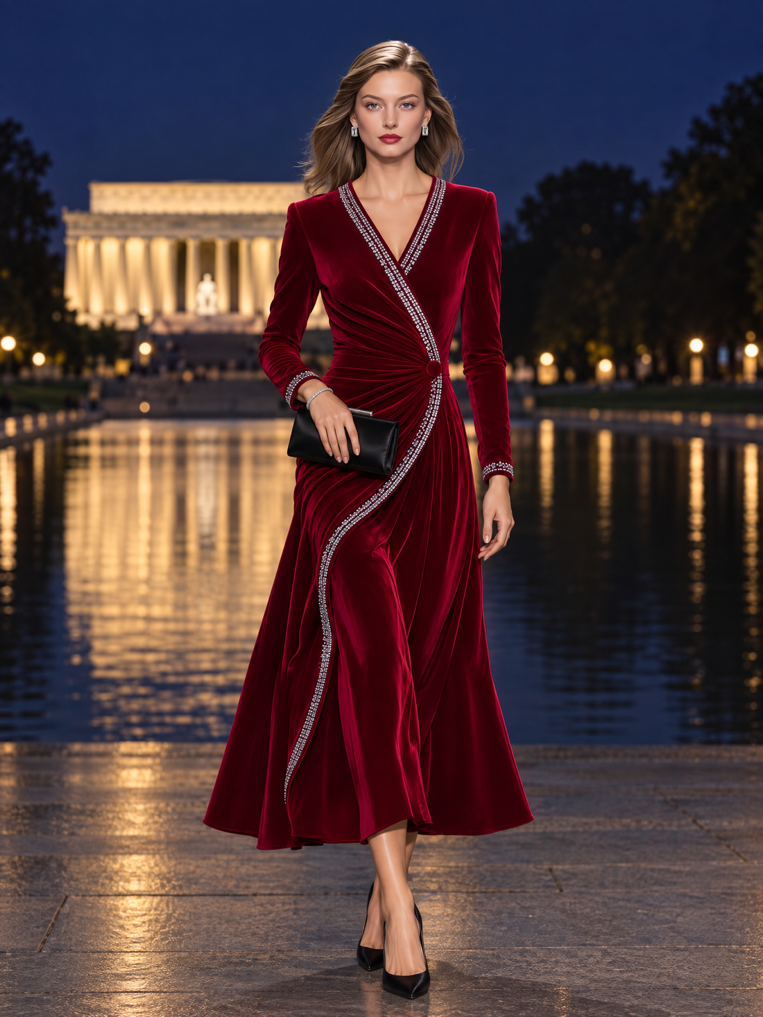Vintage-style Elegant Red Velvet Maxi Dress With Rhinestones