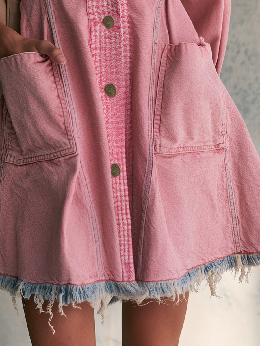 Women’s Pink Denim Mini Dress With Gingham Trim