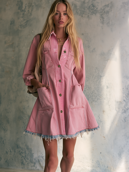Women’s Pink Denim Mini Dress With Gingham Trim