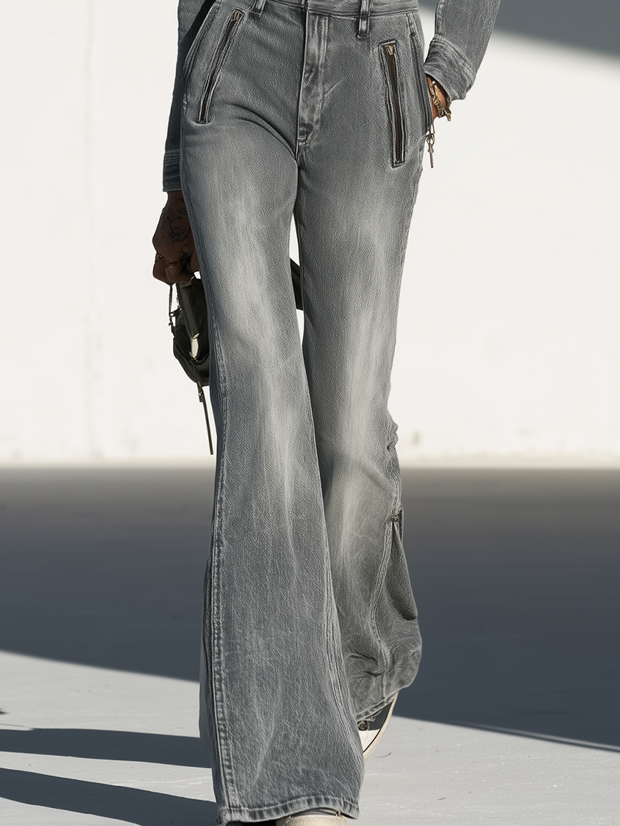 Women’s Grey Military Denim Jumpsuit With Wide Legs