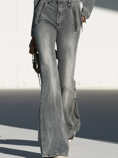 Women’s Grey Military Denim Jumpsuit With Wide Legs