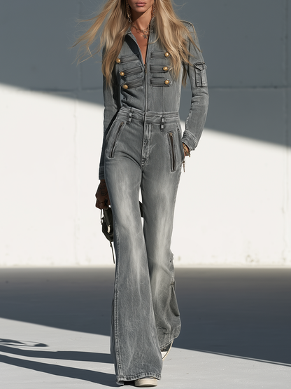 Women’s Grey Military Denim Jumpsuit With Wide Legs