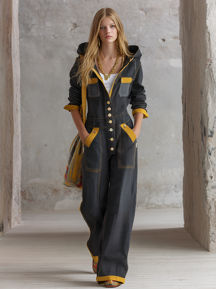 Women’s Black Hooded Utility Jumpsuit With Yellow Trim