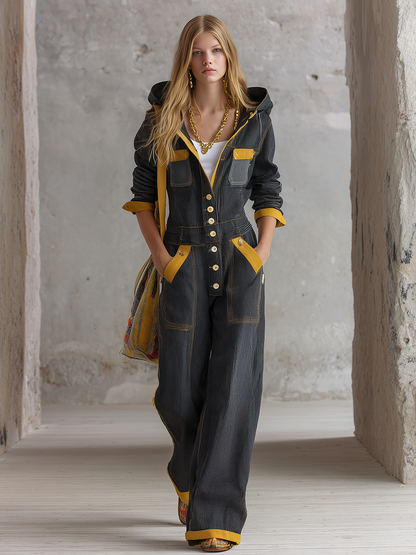 Women’s Black Hooded Utility Jumpsuit With Yellow Trim