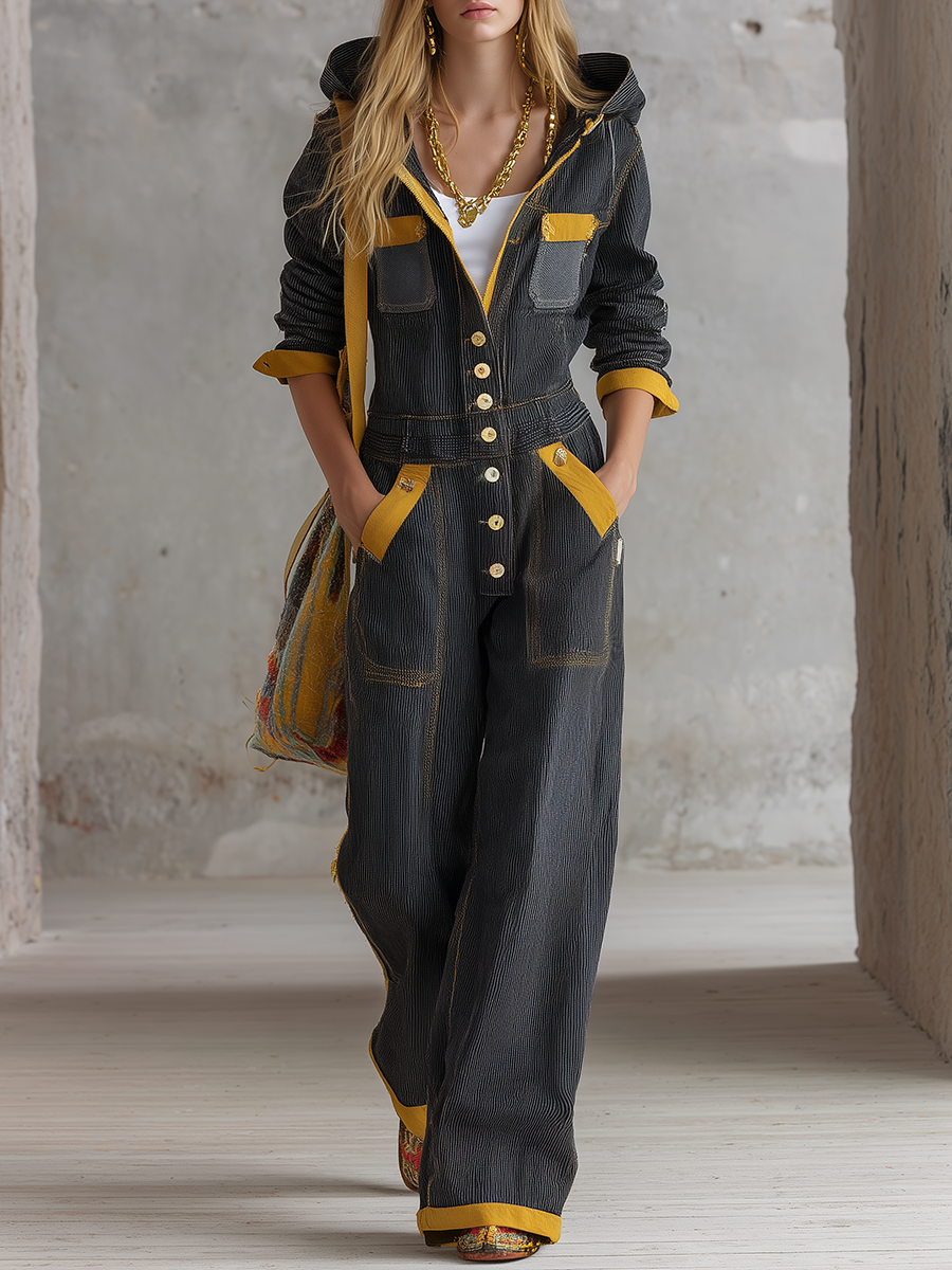 Women’s Black Hooded Utility Jumpsuit With Yellow Trim