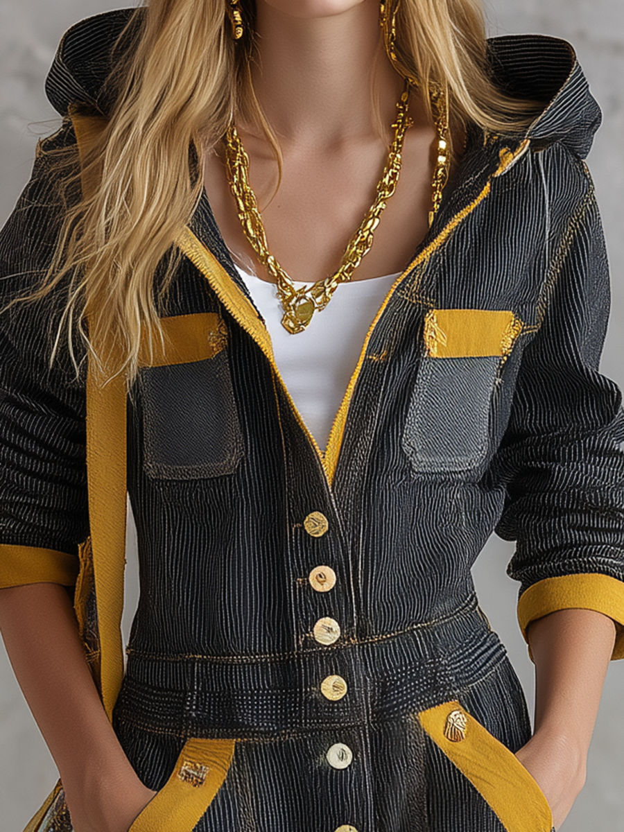 Women’s Black Hooded Utility Jumpsuit With Yellow Trim
