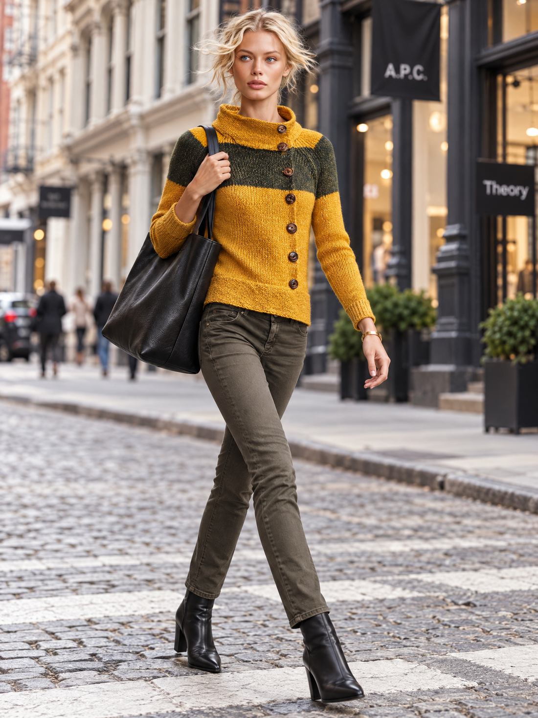 Retro Chic Mustard Color Block Mock Neck Button Front Knit Sweater Top