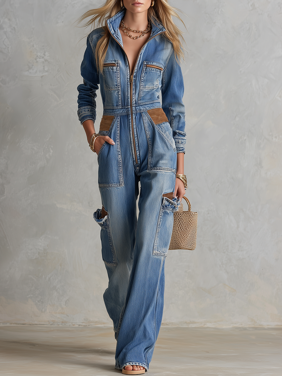 Women’s Patchwork Cargo Denim Jumpsuit With Wide Legs