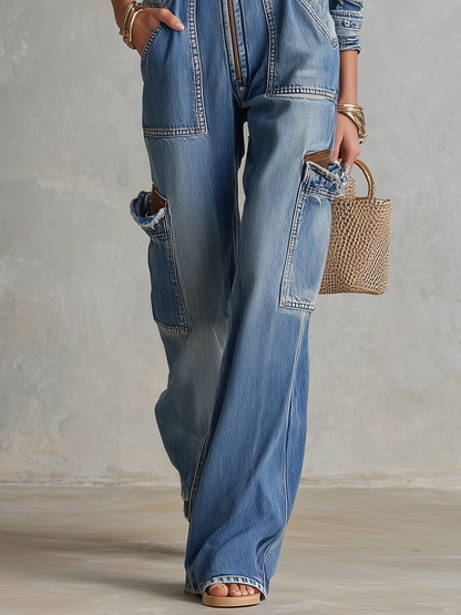 Women’s Patchwork Cargo Denim Jumpsuit With Wide Legs
